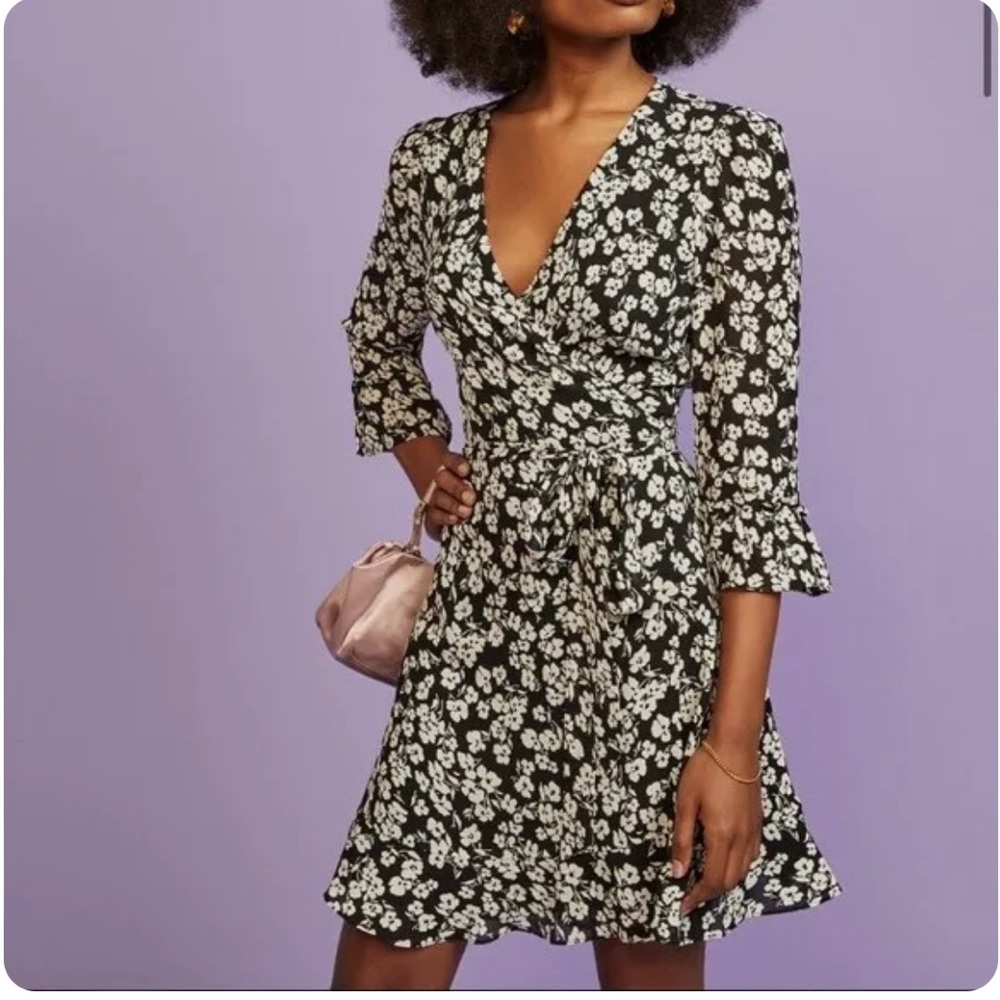 REFORMATION Zoe Wrap Dress Black & White Floral
